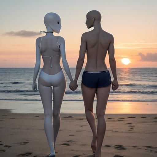 Textile Dummies Hold Hands at Sunset