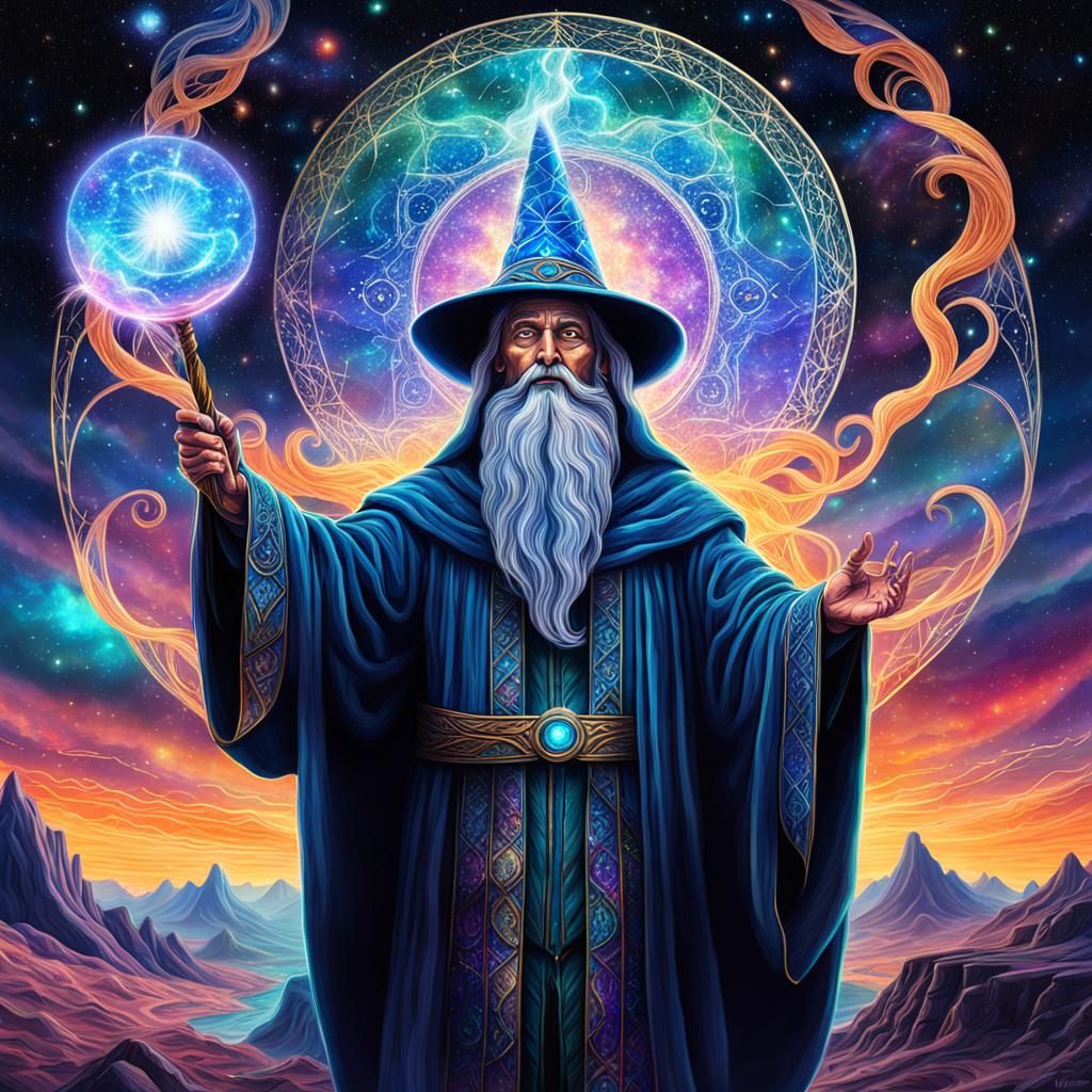 Wizard Summoning Cosmic Sky: Pablo Amaringo Style