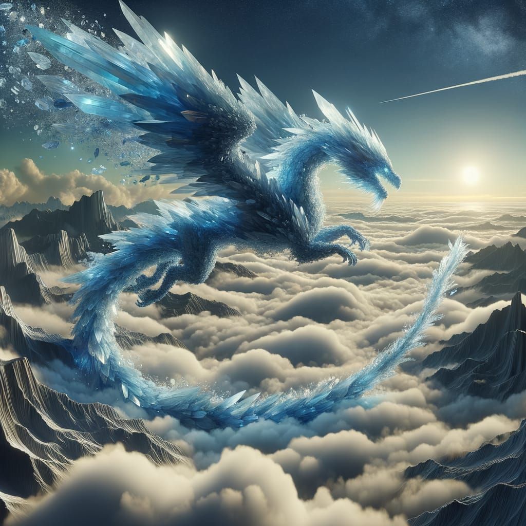 Majestic Crystal Dragon Soars Over Cloudscape