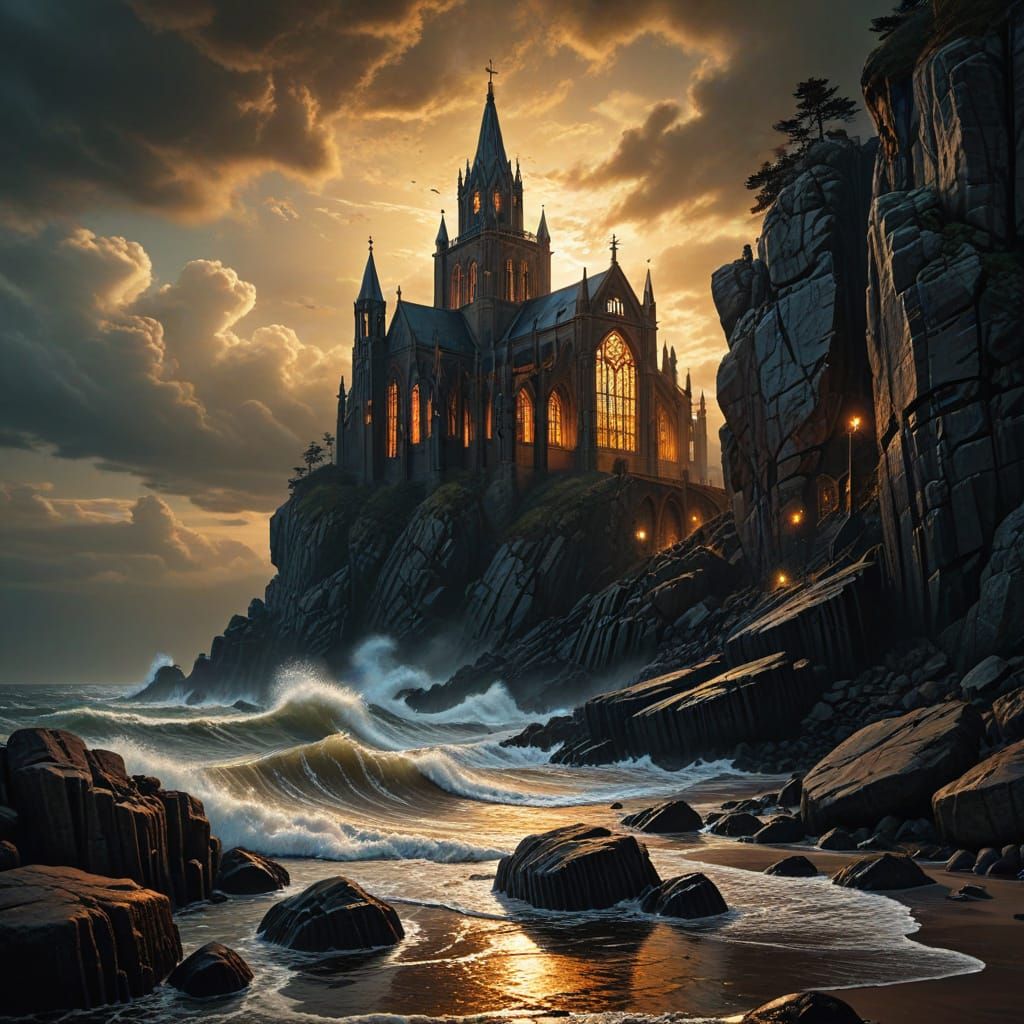 Gothic Cathedral on Rocky Coast in Dark Romanticism Style