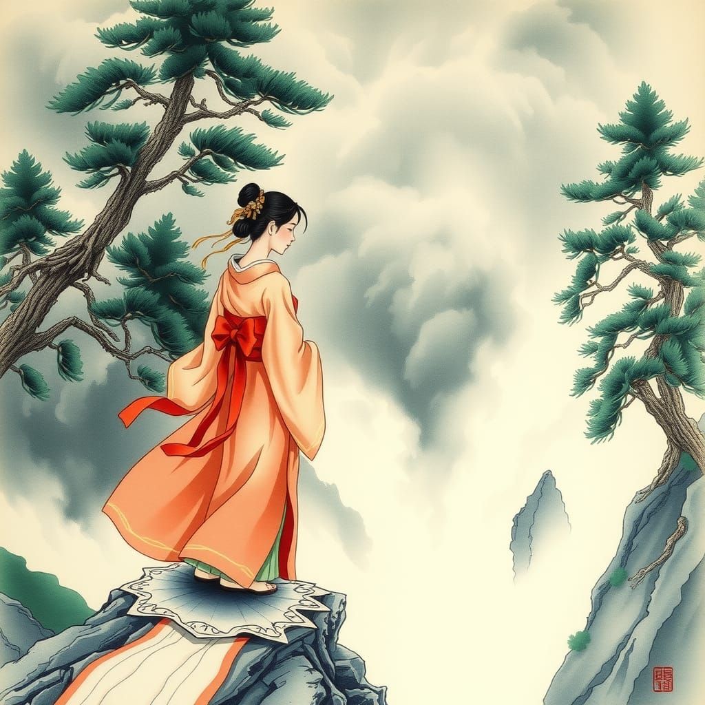 Serene Woman in Storm, Ukiyo-e Style Watercolor