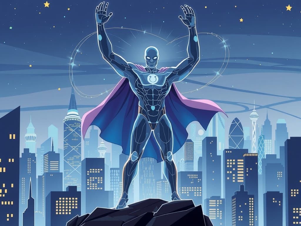 X-Ray Superhero Rising Above Cityscape Vector