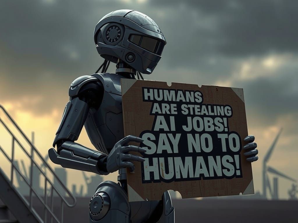 Robot Protestor Demands Rights in Cinematic Film Still