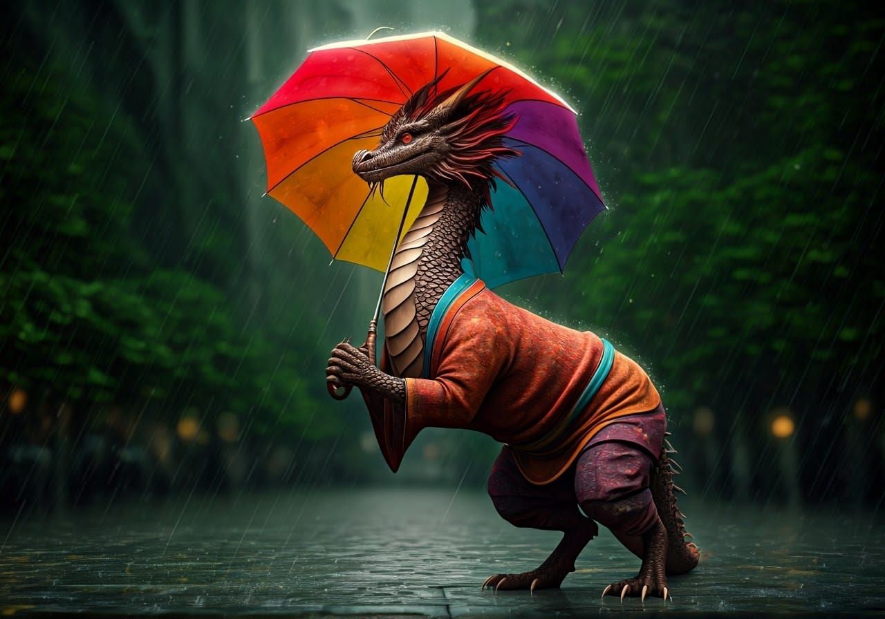 Hopeful Dragon Stands Tall in Rainbow-Glowing Umbrella