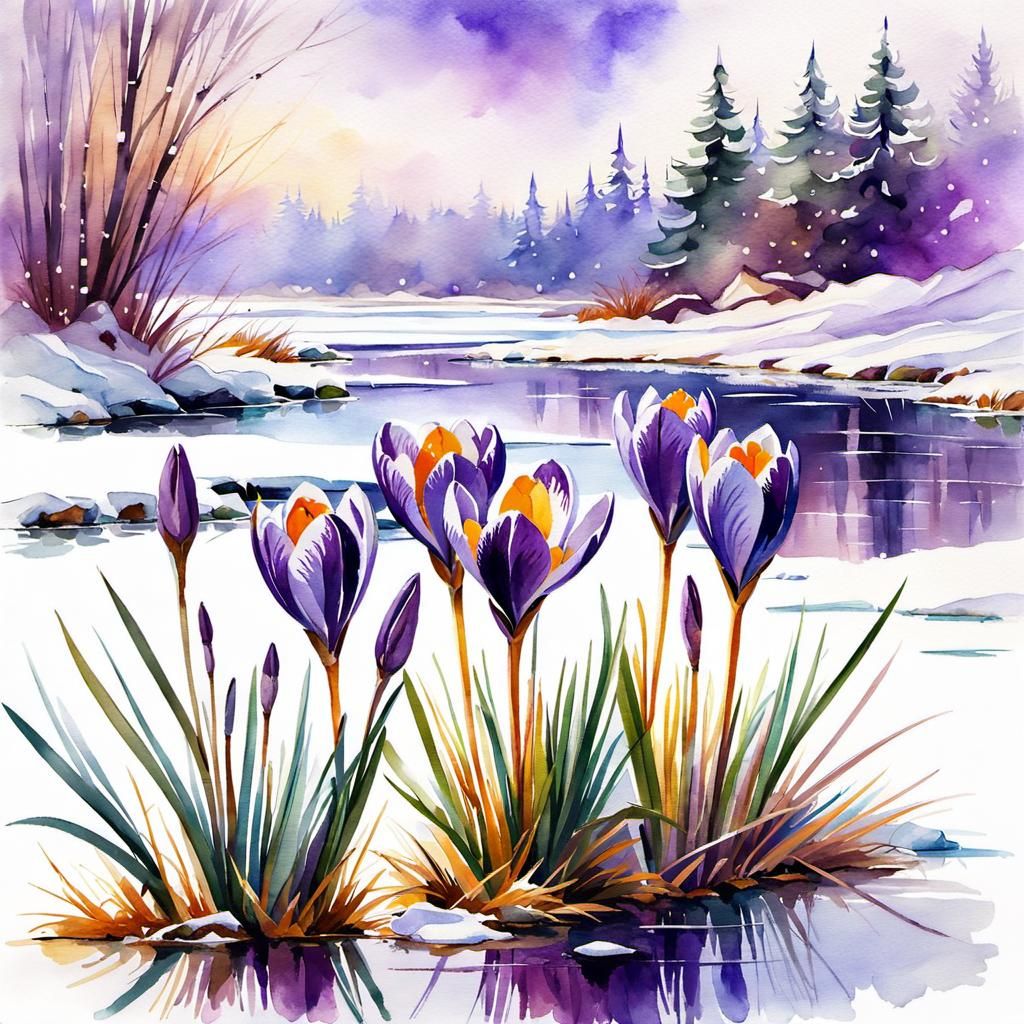 Purple Crocuses in Snowy Meadow, Watercolor Art