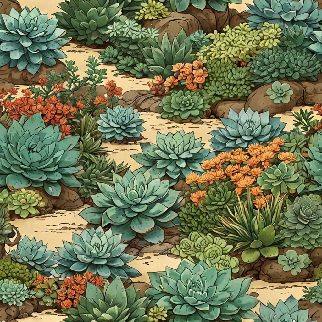 Succulent Garden in Edo Period Art Style
