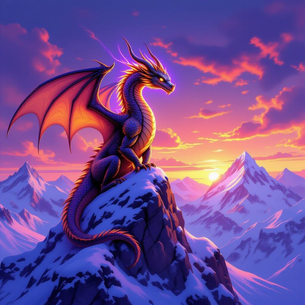 Golden Dragon on Snowy Peak at Neon Sunset