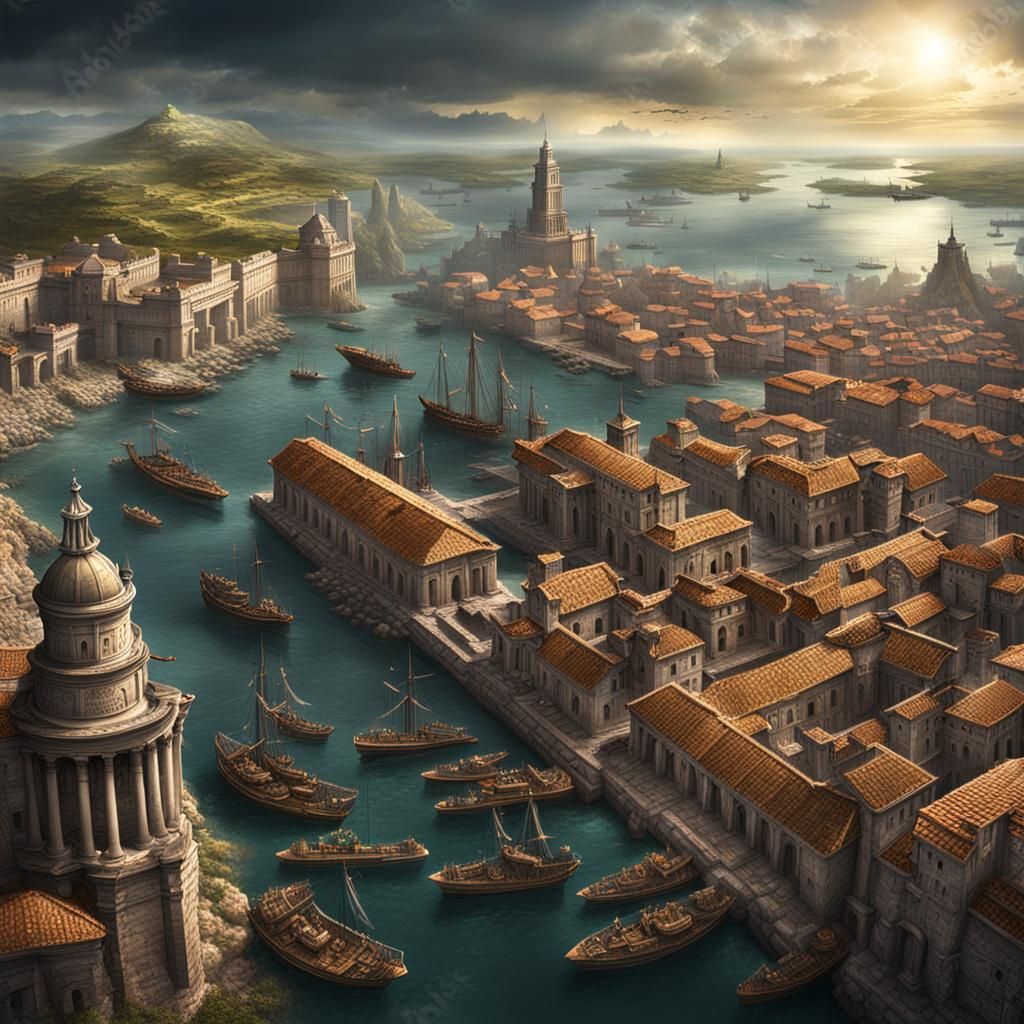 Dark Fantasy Roman Port City with Warships