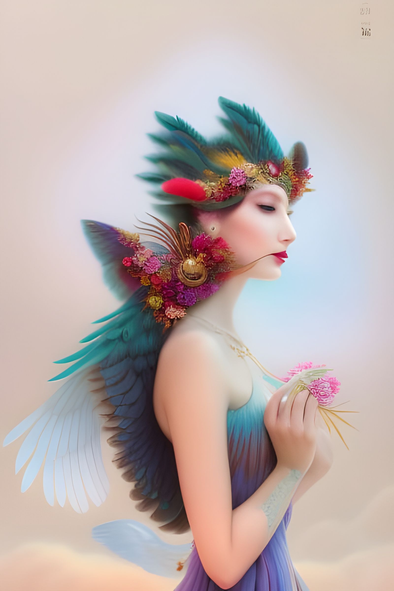 Fairytale Angel with Bird Wings in Modern Art Deco