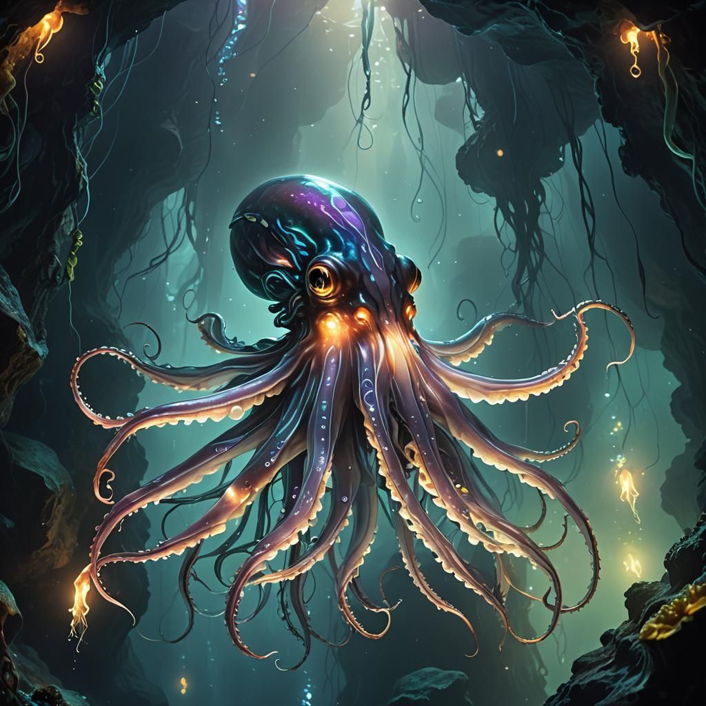Bioluminescent Squid in Underwater Cave: Fantasy Art
