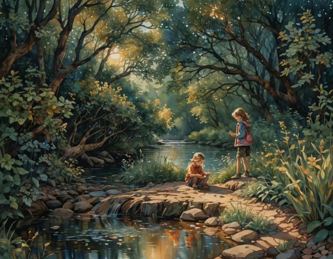 Children Playing: Whimsical Watercolor Fantasy Landscape