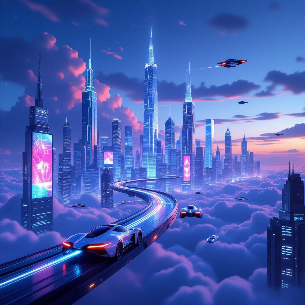 Futuristic Metropolis Skyline at Dusk in Hyperrealistic Styl...