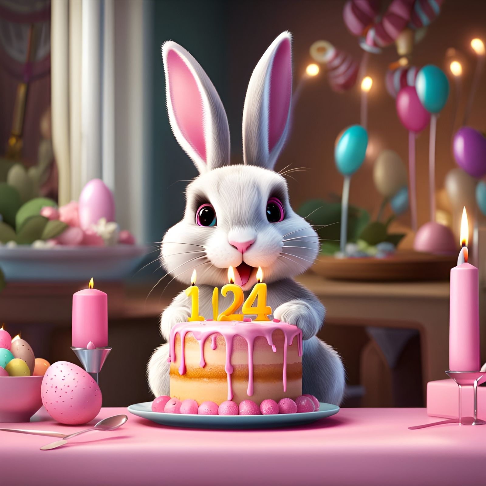 Cute Easter Bunny Celebrates a Birthday