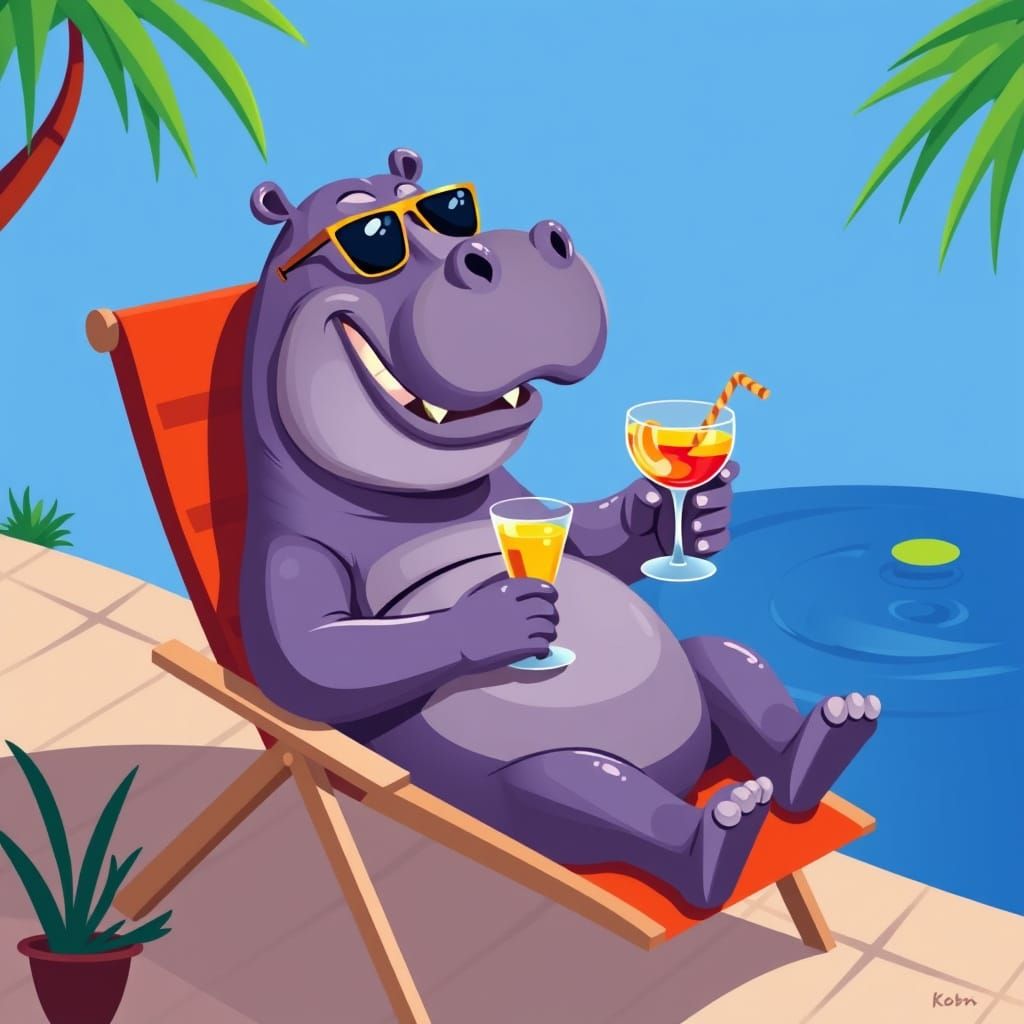 Cartoon Hippopotamus Relaxing in Deckchair with Cocktail