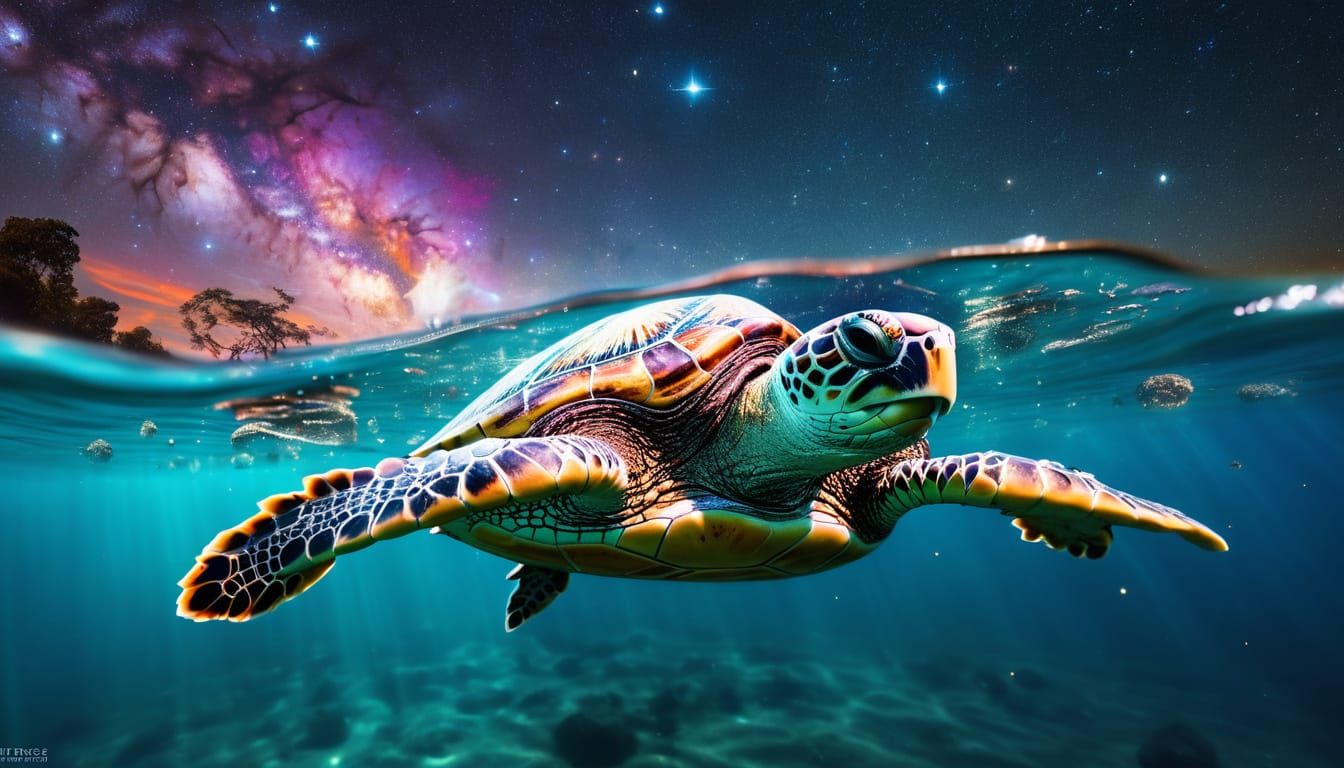 Celestial Turtle Swimming Through Nebula Ocean