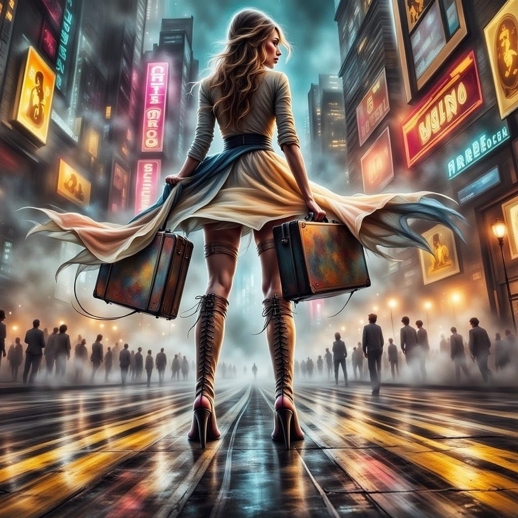 Steampunk Woman with Suitcases in Neon City