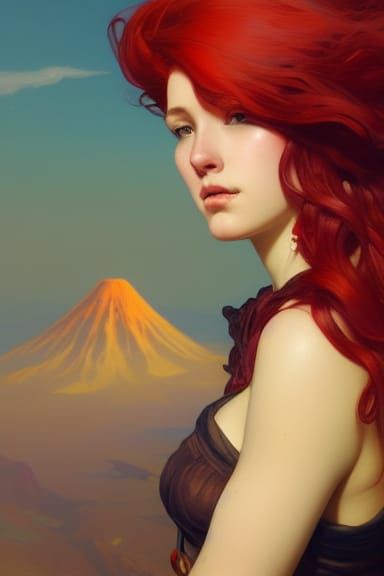 Volcanic Portrait of Redhead in Art Nouveau Style