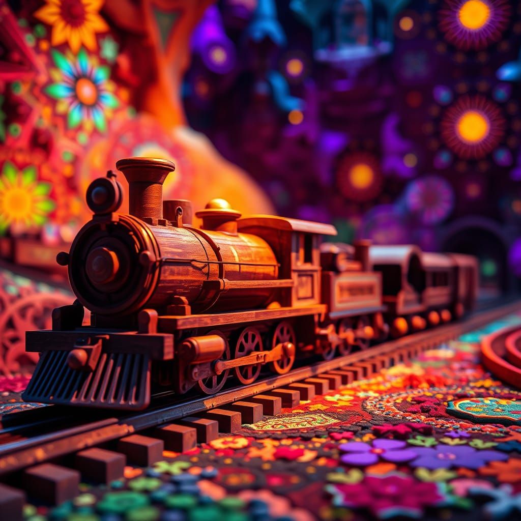 Hand-Carved Wooden Train Set in Dreamlike Realm