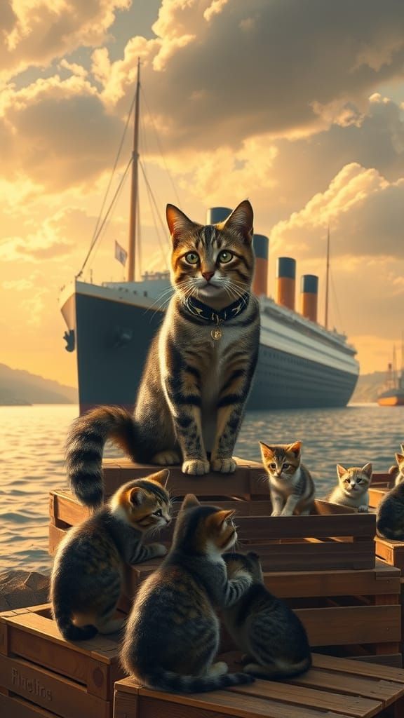Feline Family Watches Titanic Sail Away in Impressionist Sty...