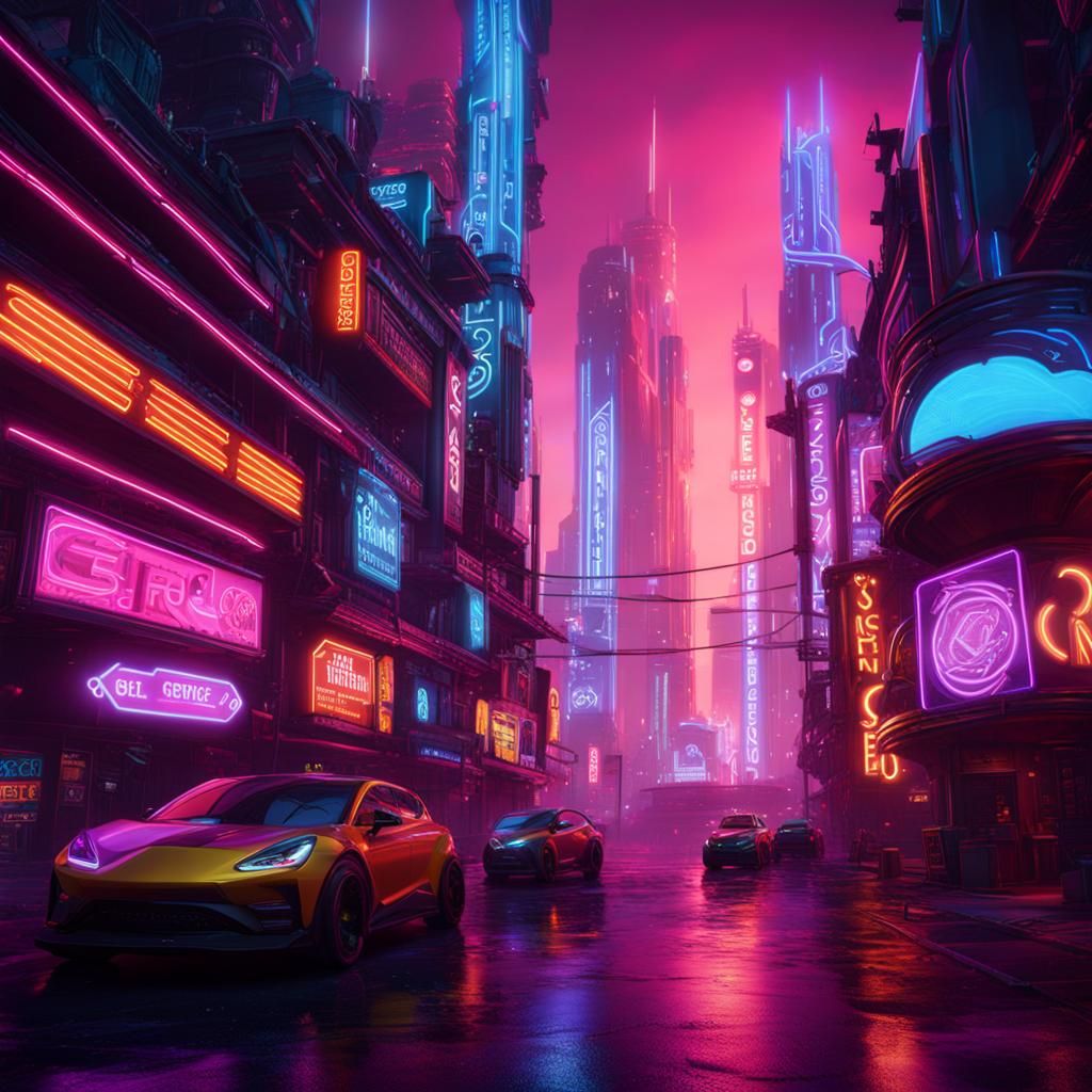 Fantastical Neon City in Detailed Matte Painting Style