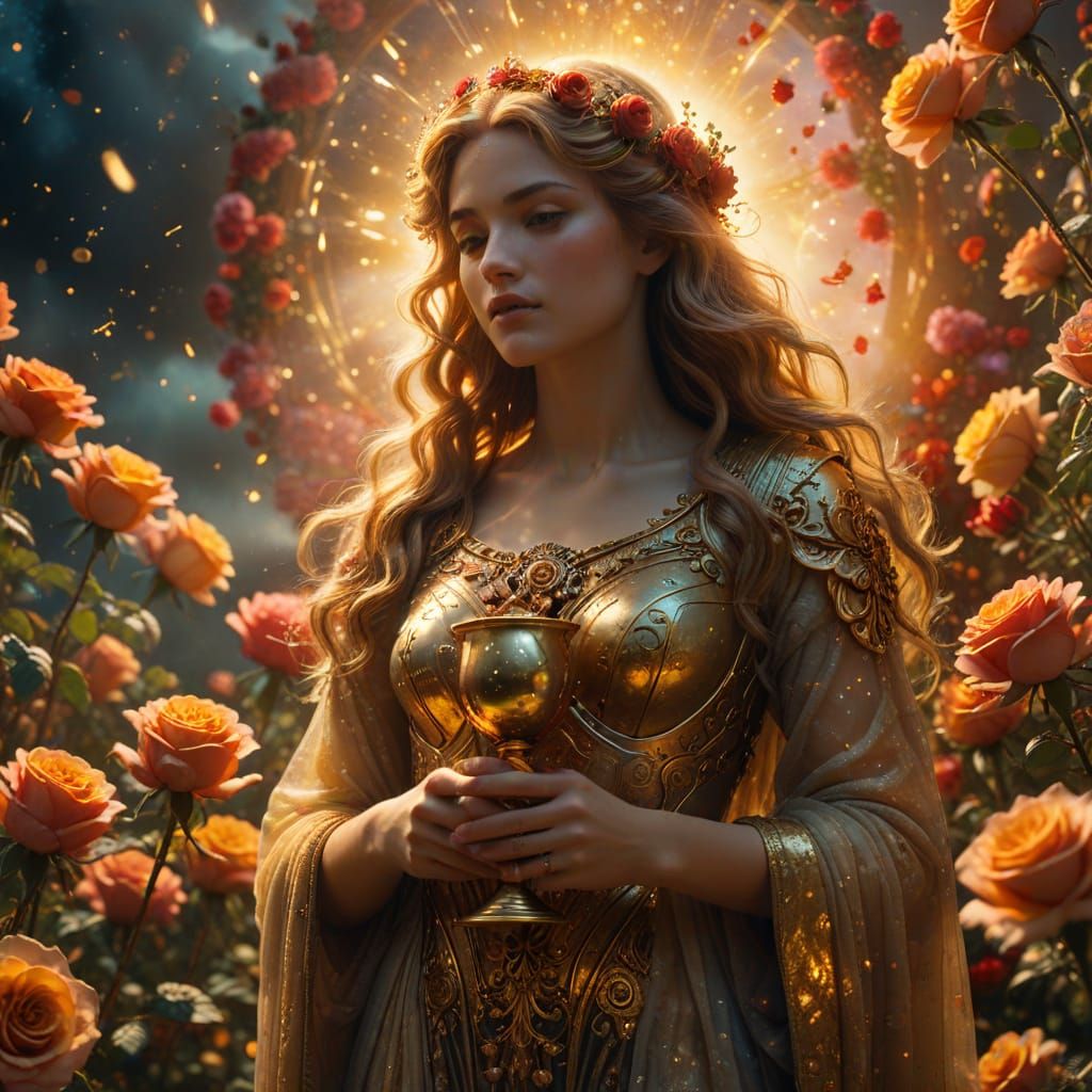 Celestial Goddess with Holy Grail in Galaxy of Roses