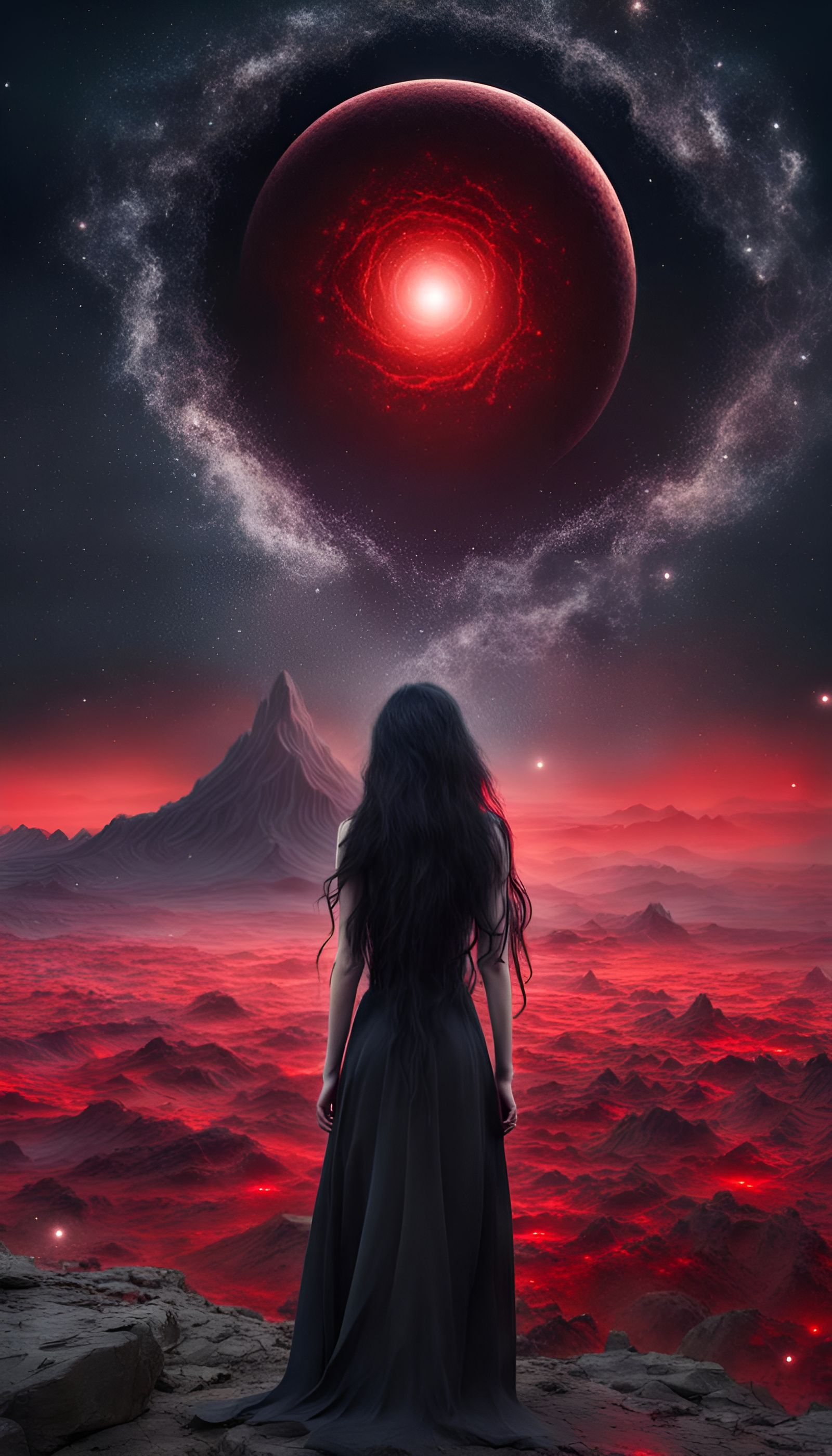 Mysterious Cosmic Girl on Alien Landscape