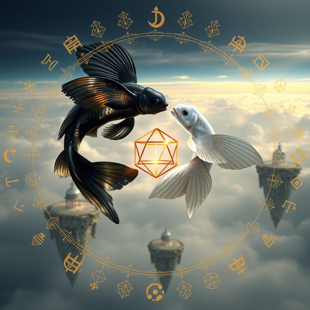 Floating Islands with Yin-Yang Koi Fish in Dreamy Style