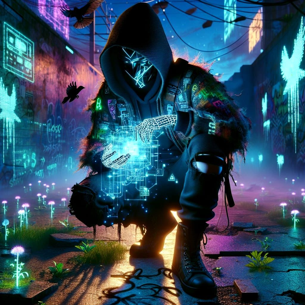 Cyberpunk Rogue Hacker in a Neon Wasteland