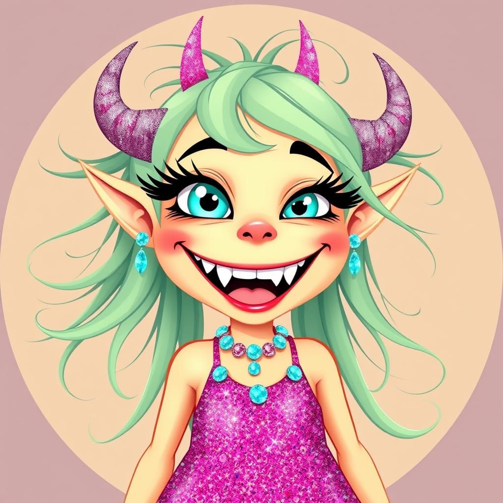 Whimsical 3D Cartoon Monster Girl with Glittery Horns and Tu...