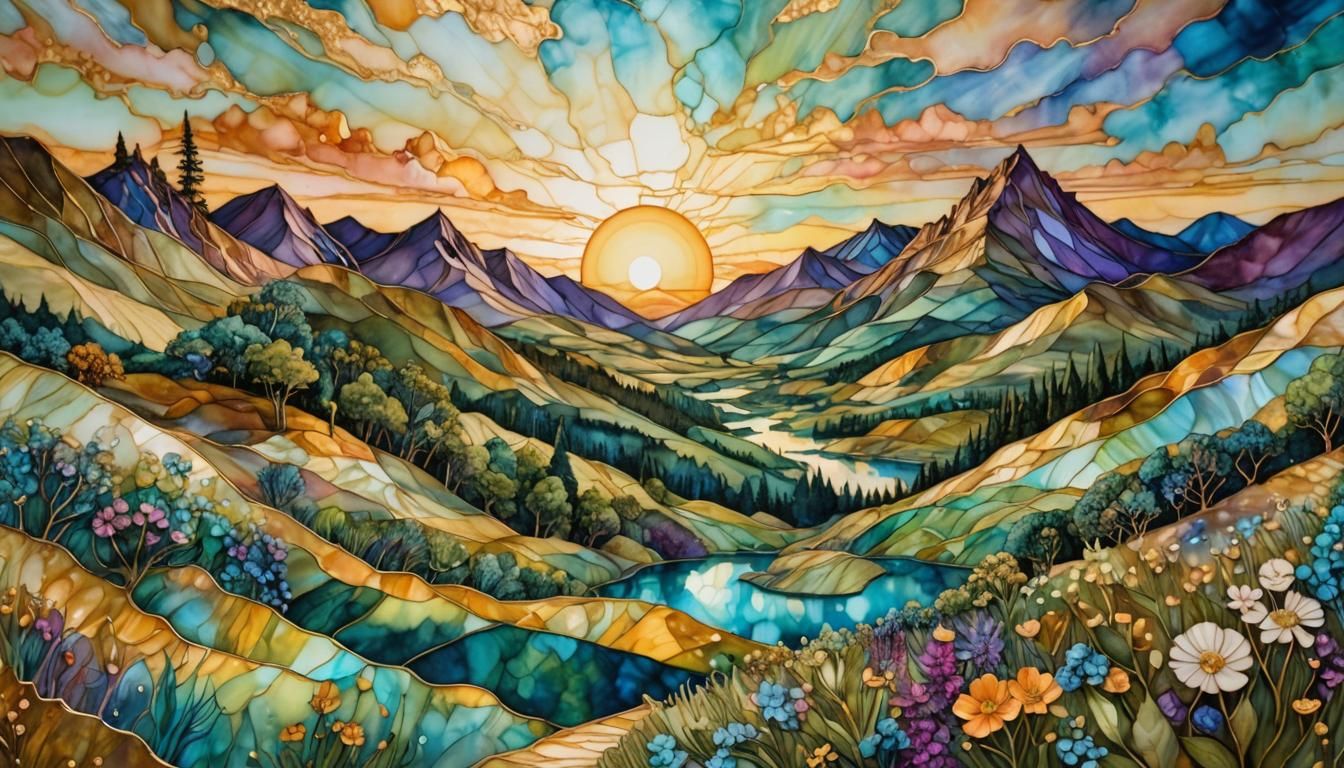 Iridescent Sunset in Whimsical Opalescent Landscape