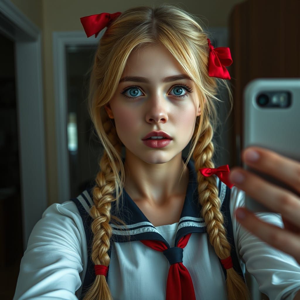 Blonde Girl in School Uniform Selfie