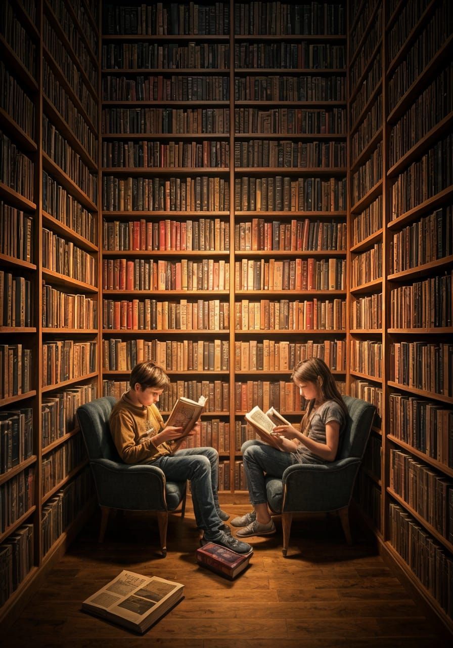 Cozy Reading Room with Floor-to-Ceiling Bookshelves