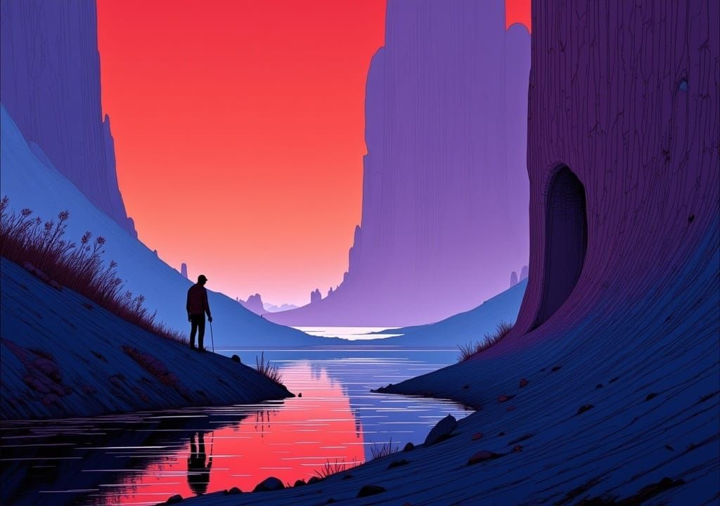 Wetland Dawn in Mœbius Style with Night Baron