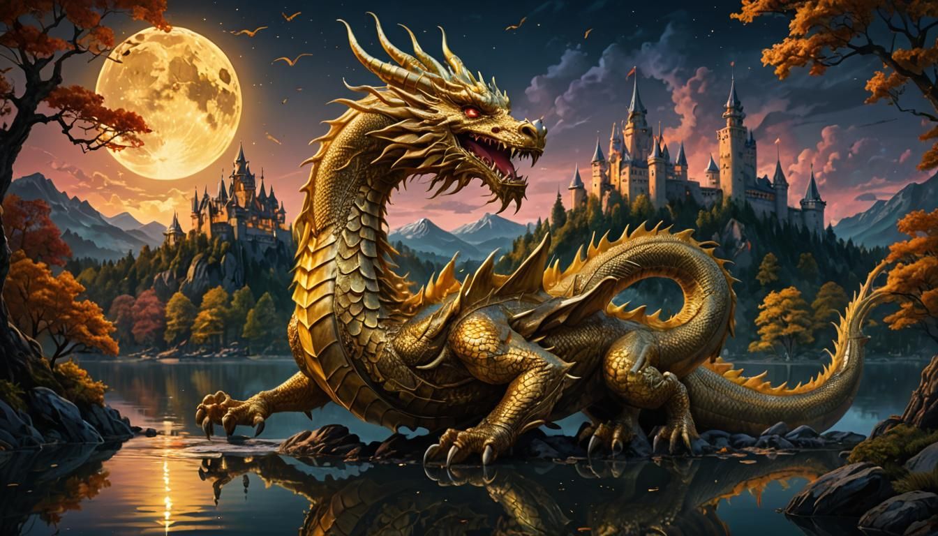 Golden Dragon in Moonlit Forest, Splash Art