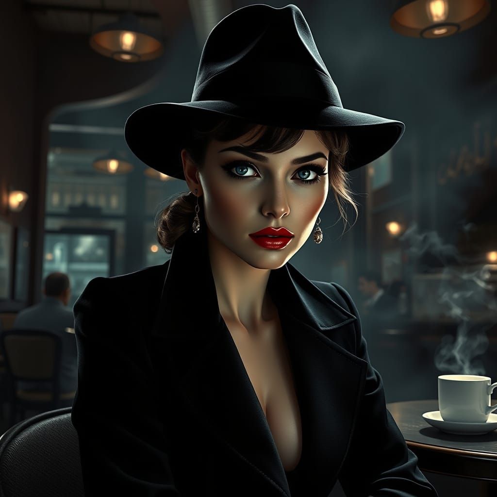 Elegant Film Noir Detective in a Smoky Coffee Shop