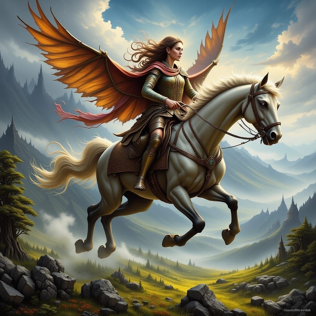 Majestic Fantasy Flying Steed in Mythical Landscape