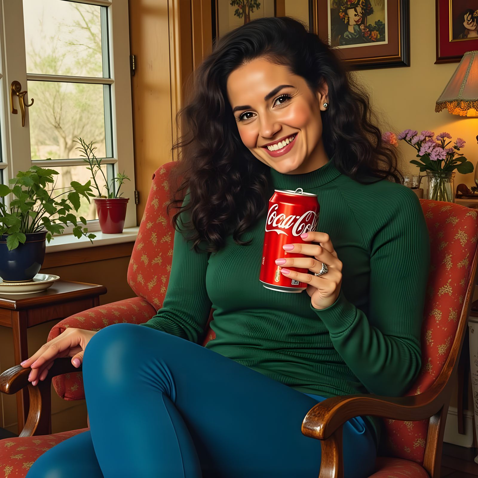 Woman Offering Coca-Cola in Realistic Postcard Style