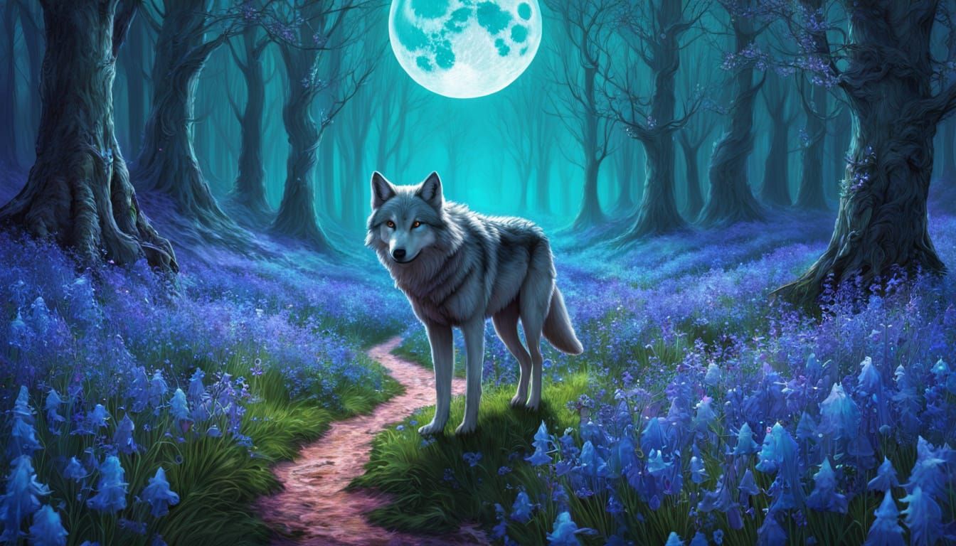 Fairy and Wolf in Moonlit Bluebell Field