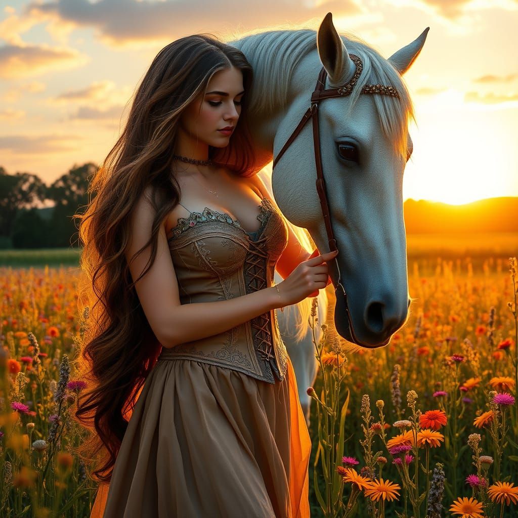 Ethereal Sunset Scene with Woman and Unicorn in a Lush Meado...