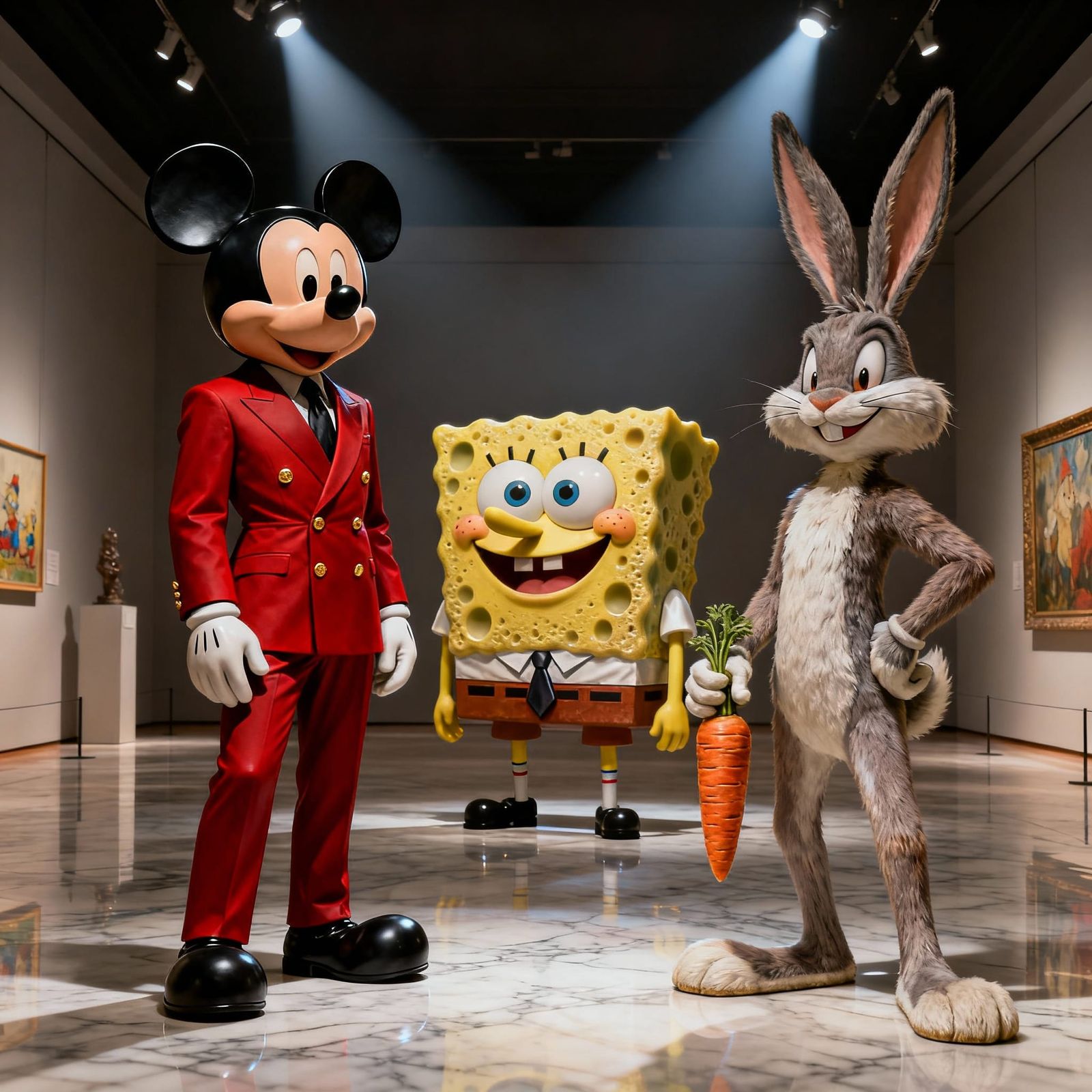 Hyper-Realistic Cartoon Characters in Museum Gallery