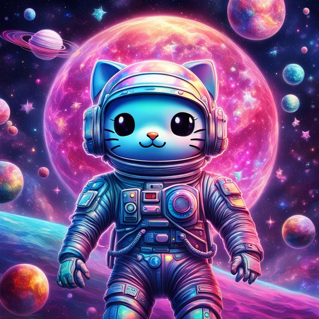 Astral Hello Kitty Hologram in Cosmic Mixed Media
