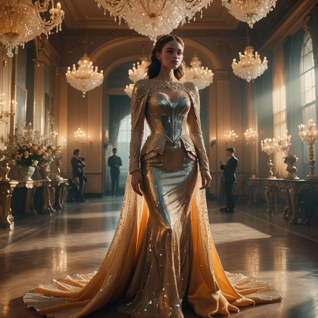 Glamorous Woman in Gown in Grand Ballroom