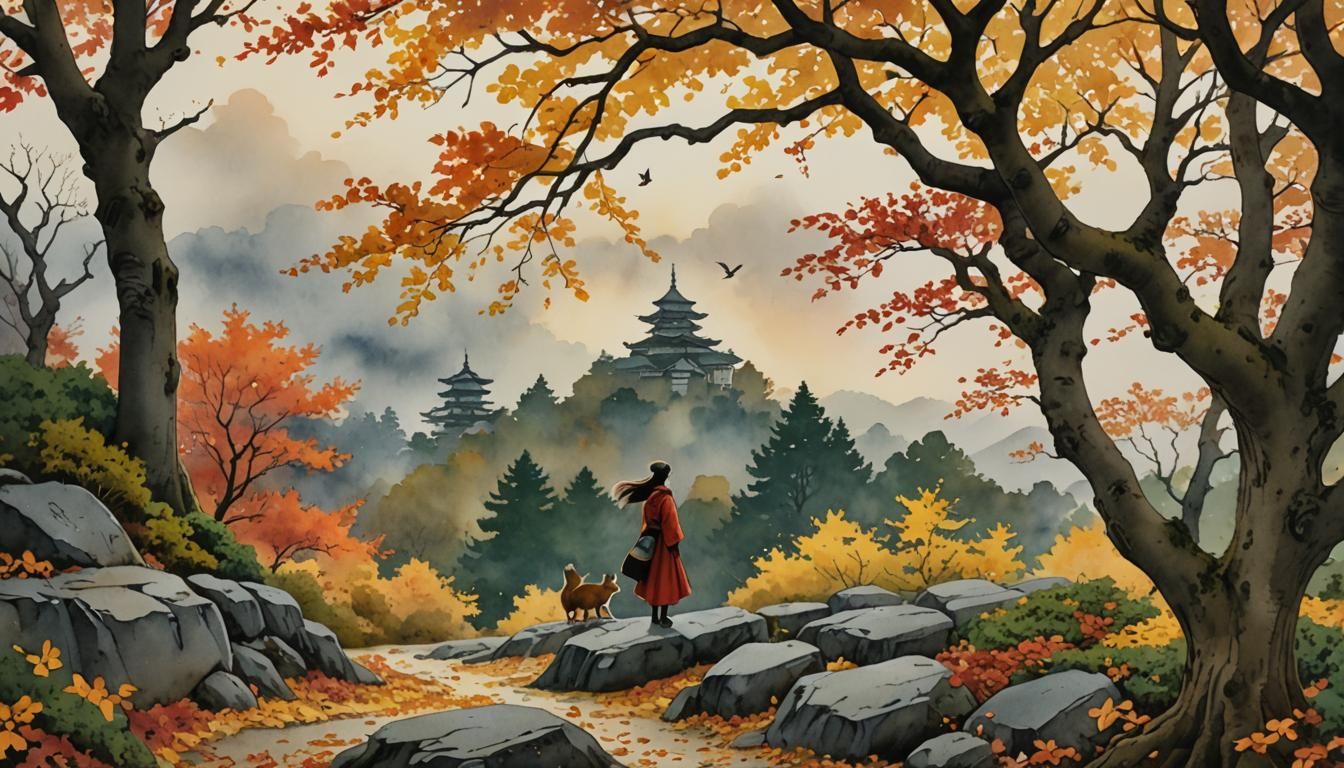 Autumn Sunset Scene in Hokusai Watercolor Style