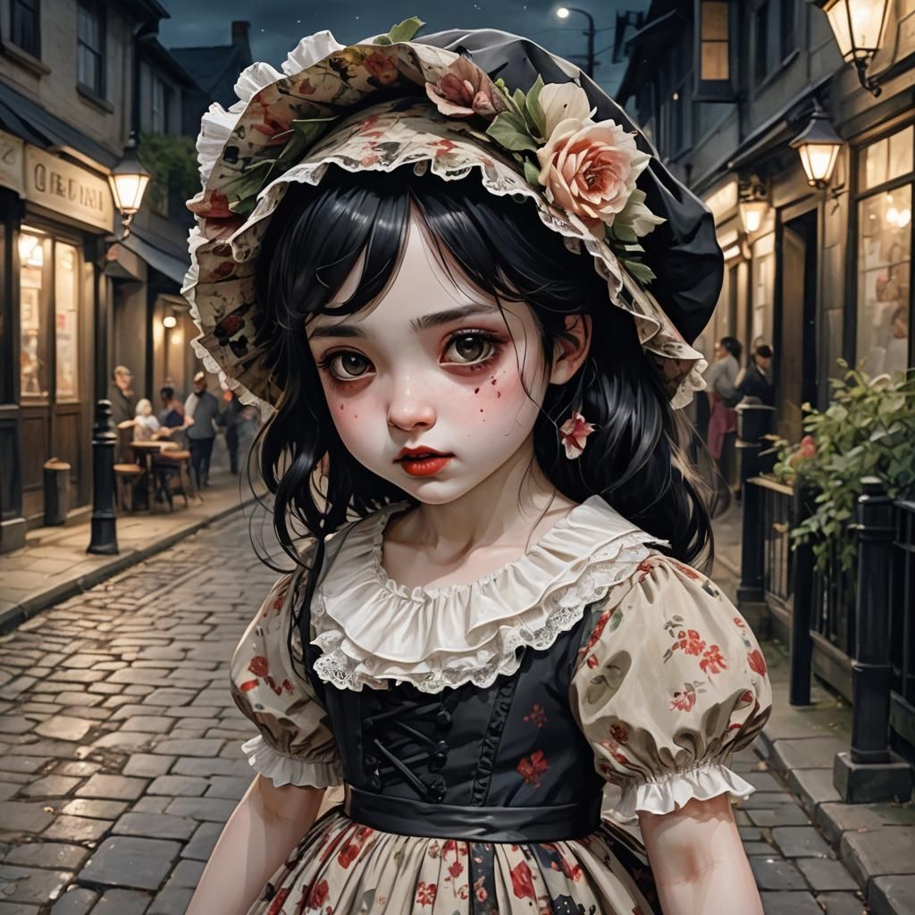 A hyperrealistic little black haired girl from the mid 1800s, beautiful floral dress and bonnet about 4 years old, with ...