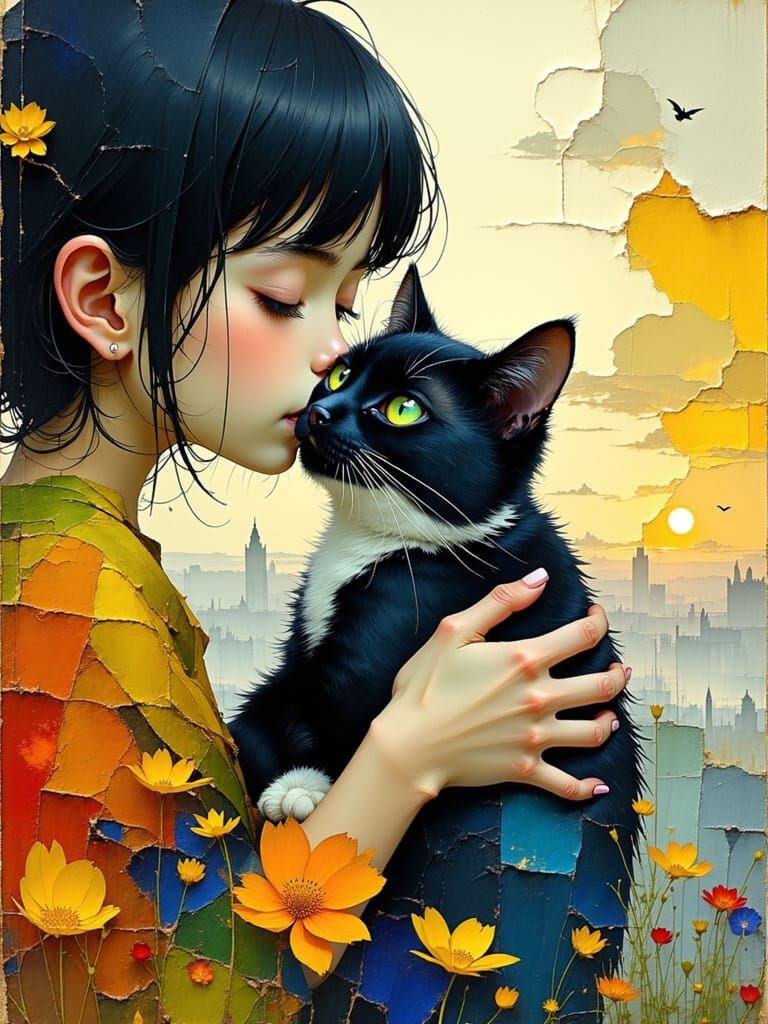 Girl Hugs Cat in Colored Grattage Style