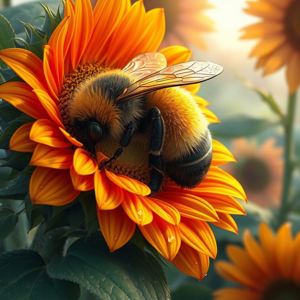 Bumblebee's Serene Slumber on Sunflower, Anime Art