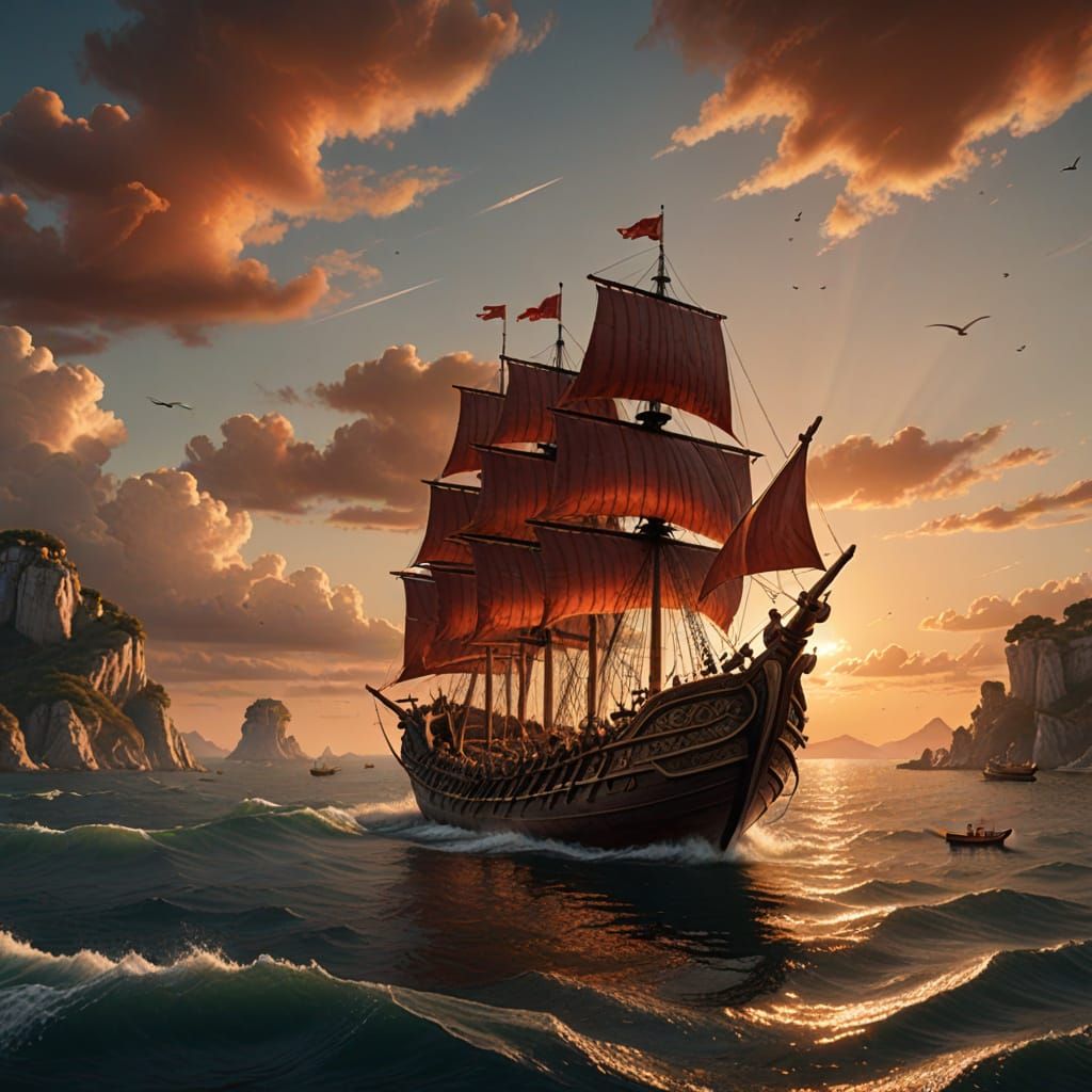 Ancient Roman Warship at Sunset: Detailed Matte Painting