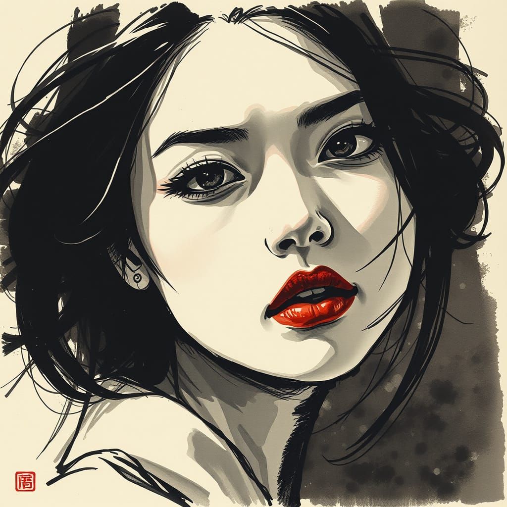 Ink Wash Portrait of a Young Woman with Dramatic Lighting