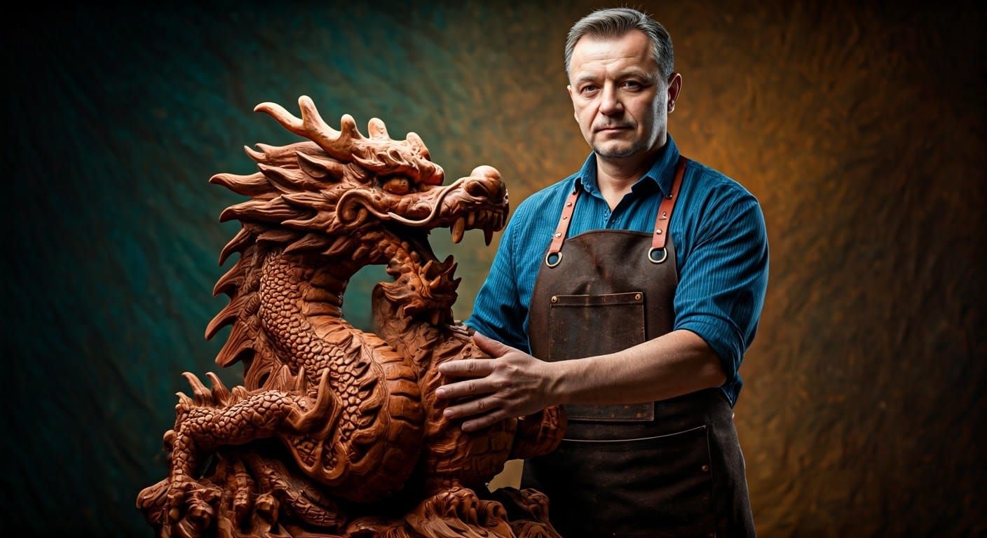 Carpenter with Dragon Sculpture in Dramatic Lighting