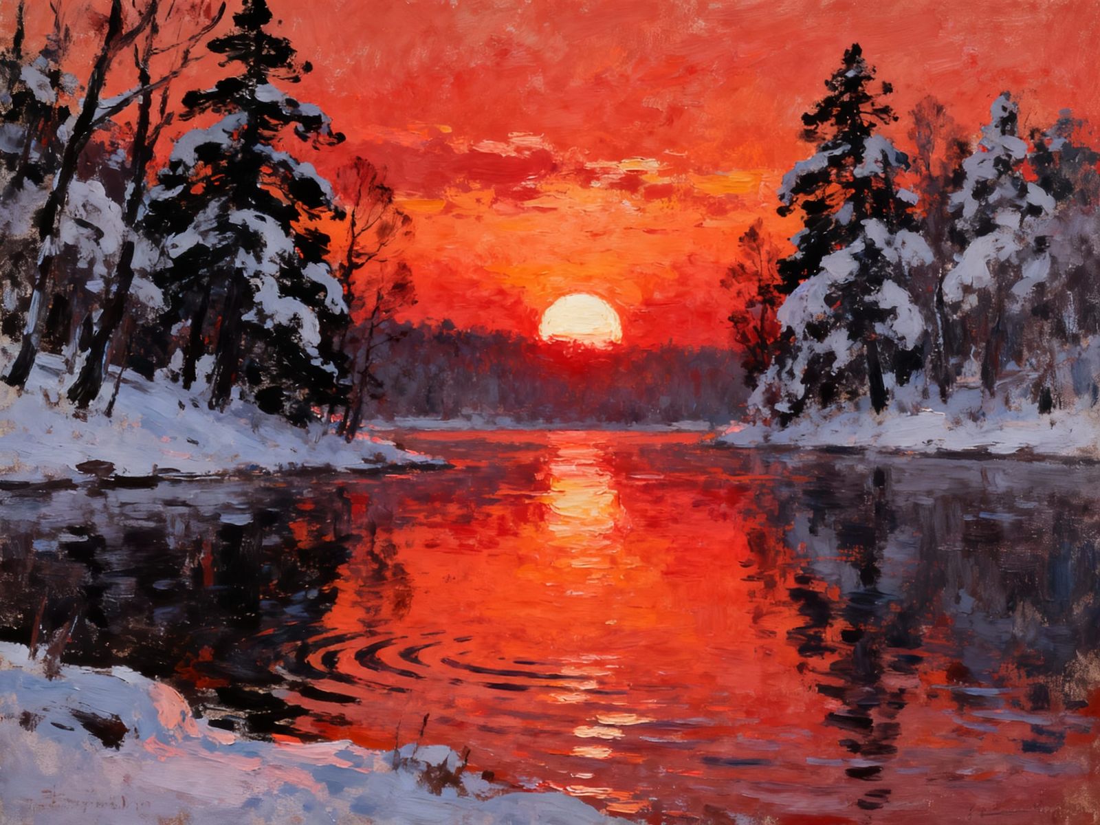 Winter Sunset Landscape with Reflecting Water